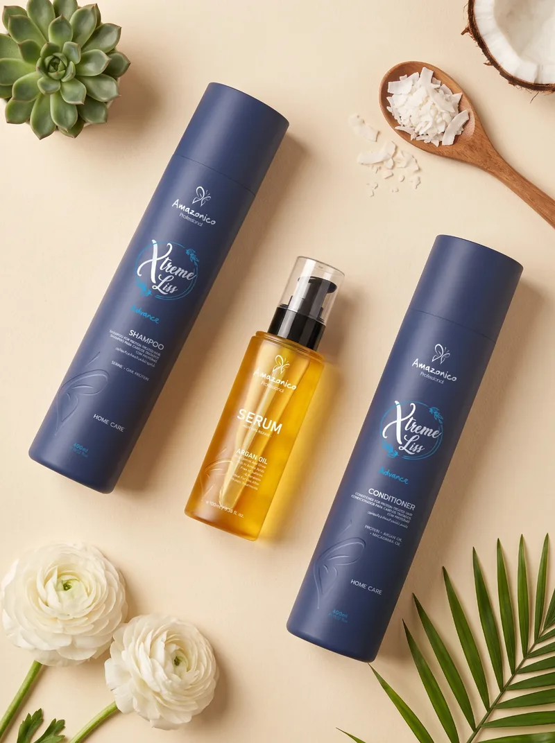 Amazonico Professional Xtreme Liss Advance shampoo and conditioner with an argan oil serum, shown on a cream background