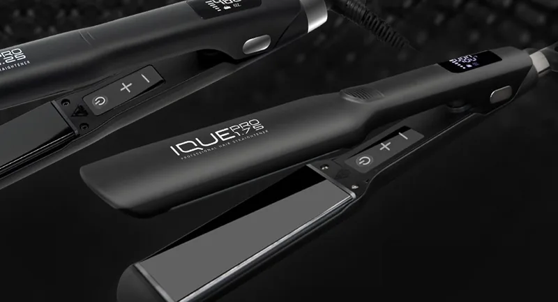 Detail of IQUE PRO professional hair straighteners with a digital temperature display and plus and minus controls