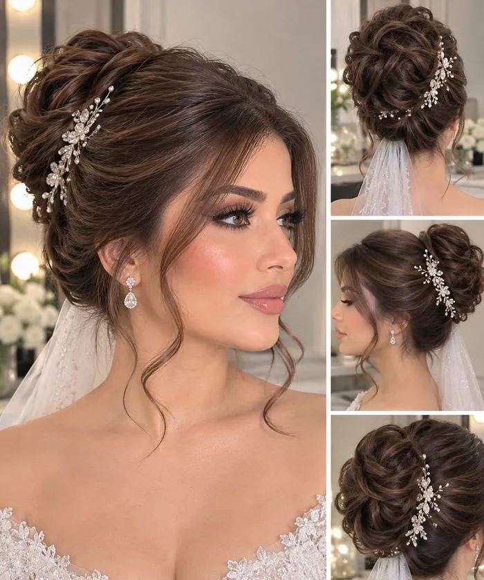 Real bridal updo with crystal hairpiece by Nahawand
