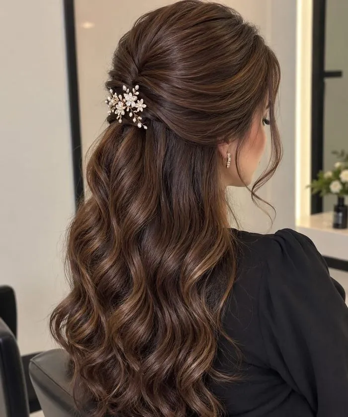 Real half-up waves hairstyle with pearl pin by Nahawand